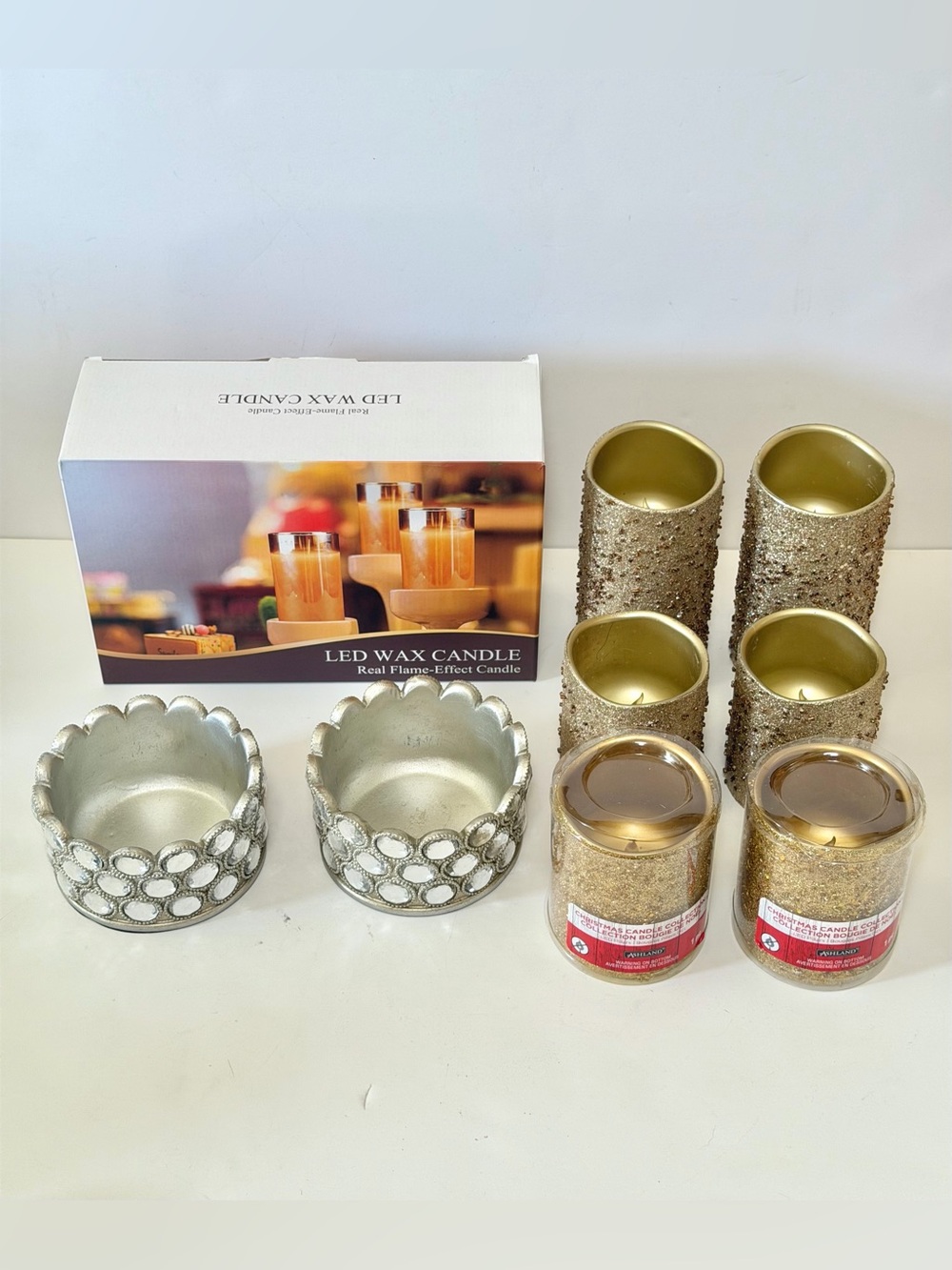 Holiday Decor Lot - 8 LED Flameless Candles and 2 Silver Crystal Holders
